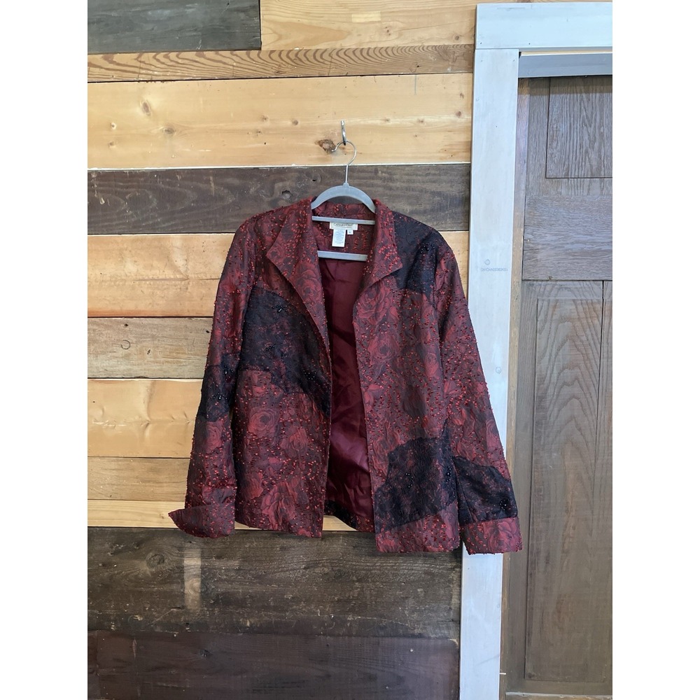 Coldwater Creek Womens Beaded Red & Black Button-Up Jacket Size XL Made In USA